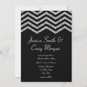 Falsche Silber-Glitter- und schwarze Chevron-Hochz Einladung
