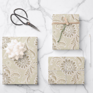 Falsche Spitze Weiß auf Elfenbein Hochzeit Braut R Geschenkpapier Set