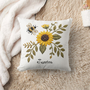 Falsche Stickerei Sonnenblume und Honigbiene Kissen