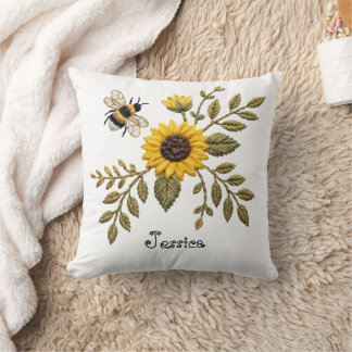 Falsche Stickerei Sonnenblume und Honigbiene Kissen