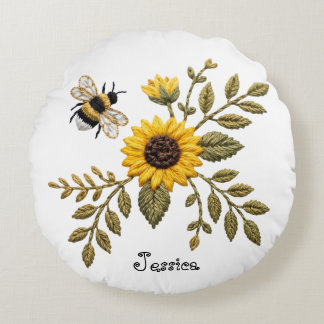 Falsche Stickerei Sonnenblume und Honigbiene Rundes Kissen