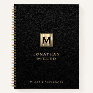 Falscher Schwarzlederdruck Gold Initial Logo Notizbuch