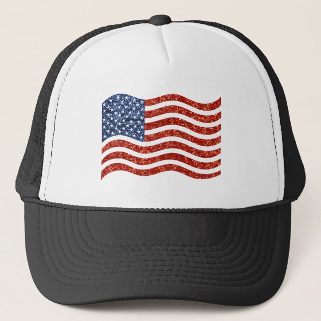 Falscher Sequenzprint American Flag Truckerkappe (Vorderseite)