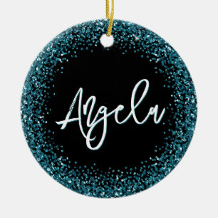 Falsches dunkles Teal-Glitter-Schwarz-Foto Keramik Ornament