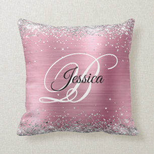 Falsches glänzendes Silberglitter und rosa Folienm Kissen