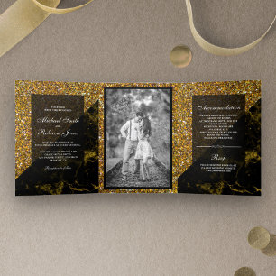Falsches Gold Glitter Gold Marmor Hochzeitsfoto Dreifach Gefaltete Einladung