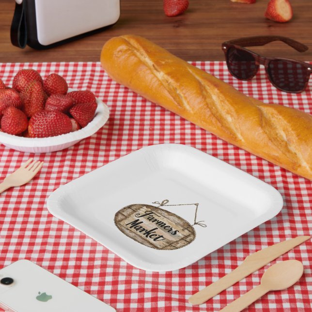Falsches Holz-Bauernmarkt-Schild Pappteller (Picknick)