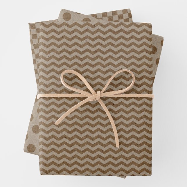 Falsches Kraftpapier mit dunklen Faux-Kraftpapier- Geschenkpapier Set (Faux Kraft Paper w/ Dark Faux Kraft Paper Multi-Patterns)