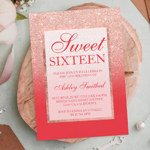 Falsches Roségold Glitter roter schicker Sweet 16 Einladung
