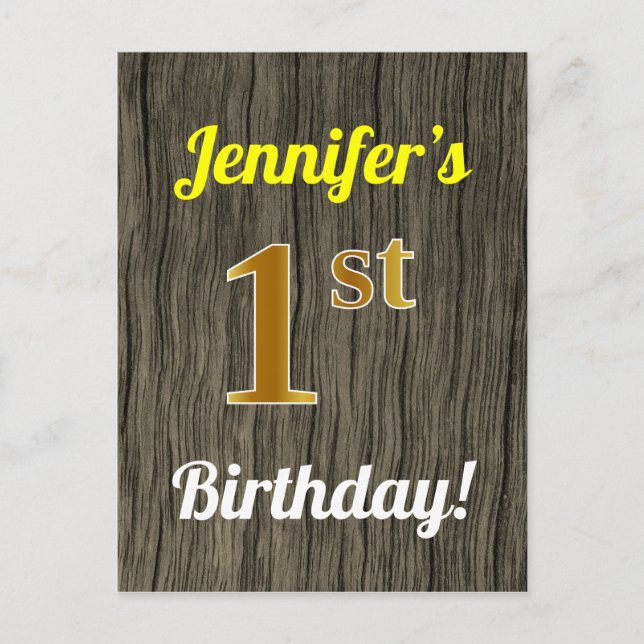Falsches Wood, falsches Gold 1st Birthday & Custom Postkarte (Vorderseite)