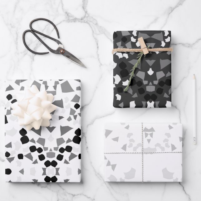 Faltblatt für schwarz-weiße Terrazzo Geschenkpapier Set (Vorderseite)