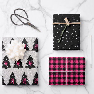 Faltblätter für Fuchsia- und Schwarz-Monogramm Geschenkpapier Set