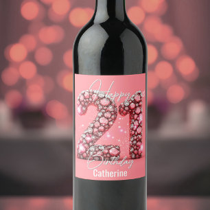 Faltenrosa und weiße Edelsteine zum 21. Geburtstag Weinetikett