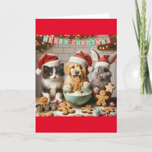 Faltete Weihnachtskarte mit Hund, Katze, Hase #3 Dankeskarte (Vorderseite)
