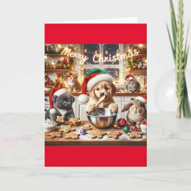 Faltete Weihnachtskarte mit Hund, Katze, Hase #6 Dankeskarte (Vorderseite)