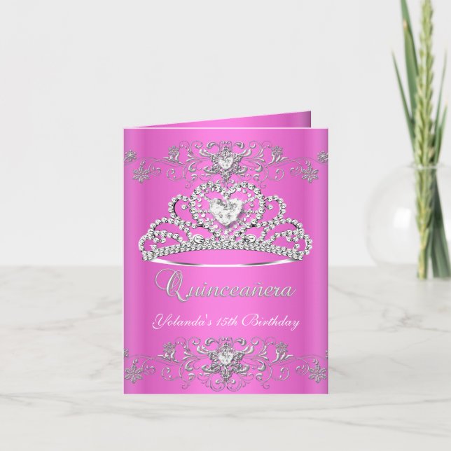 Faltkarte Quinceanera Pink Glitzer Tiara Einladung (Vorderseite)