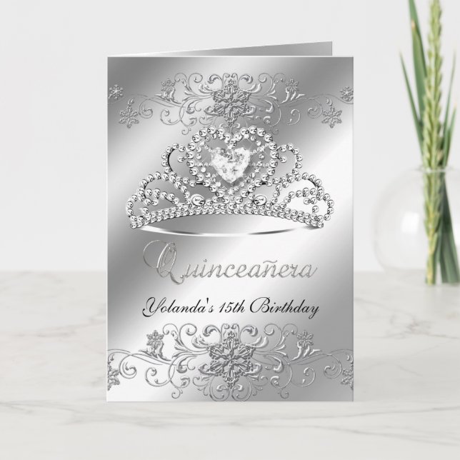 Faltkarte Quinceanera silberner Glitzer Tiara Einladung (Vorderseite)