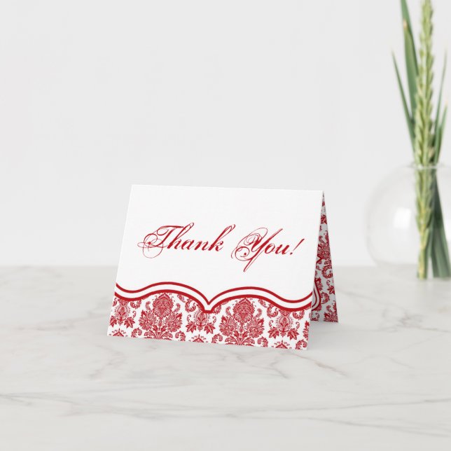 Faltschachtel: Red Crimso White Damask Lace Dankeskarte (Vorderseite)