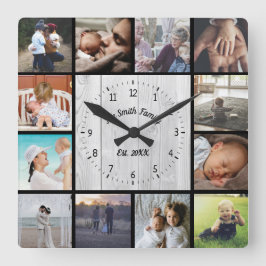 Familiäre Foto-Collage personalisieren helles Holz Quadratische Wanduhr