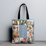 Familie 10 Foto Collage Dusty Blue Tasche<br><div class="desc">Eine staubige blaue Tasche zum Feiern Ihrer Familie,  Ihrer Freunde,  Haustiere,  etc. mit einer 10-Foto-Collage und "LIEBE" ist in der Mitte in eleganter weißer Typografie geschrieben.</div>