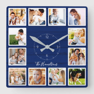 Familie 12 Fotos Collage Blau Holz Quadratische Wanduhr