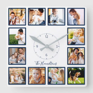Familie 12 Fotos Collage Chic Blau Und Weiß Quadratische Wanduhr