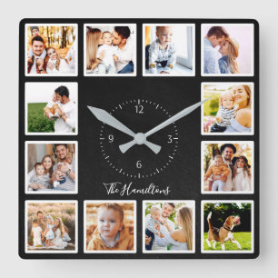 Familie 12 Fotos Collage Chic Chic Schwarz Kreide Quadratische Wanduhr