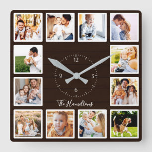 Familie 12 Fotos Collage Dunkelbraunes Holz Quadratische Wanduhr