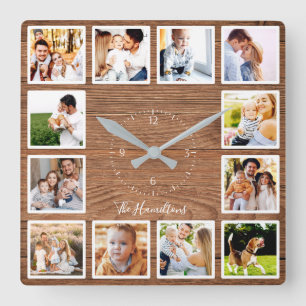 Familie 12 Fotos Collage Farmhouse Rustikales Holz Quadratische Wanduhr
