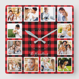 Familie 12 Fotos Collage Rustikal Holzfäller Muste Quadratische Wanduhr