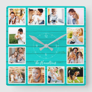 Familie 12 Fotos Collage Teal Holz Quadratische Wanduhr