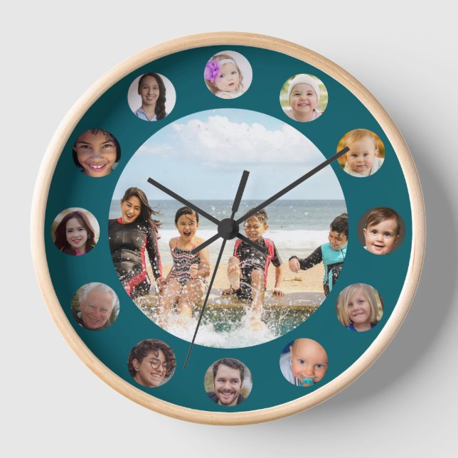 Familie 13 FotoCollage Round Uhr (Vorderseite)