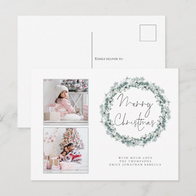 Familie 2 Foto Aquamarin Wreath Frohe Weihnachtska Postkarte (Vorne/Hinten)