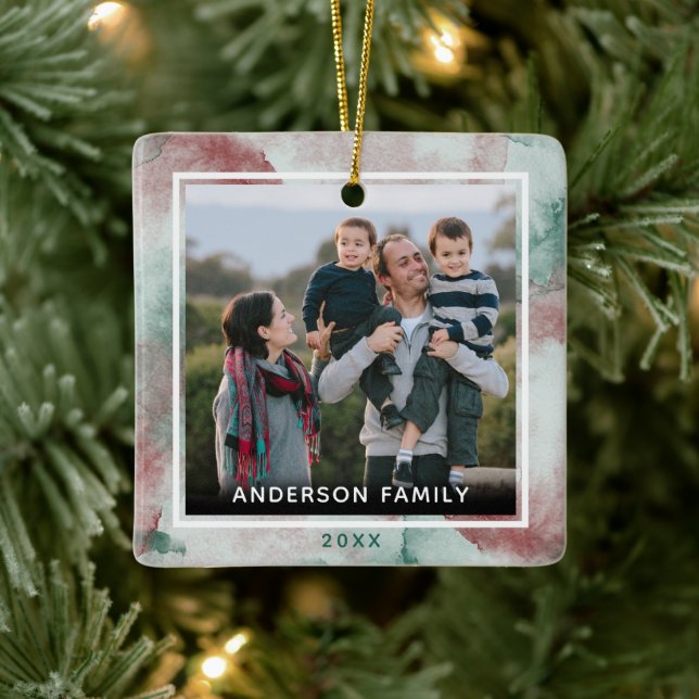 Familie 2 Foto Elegante Wasserfarben Weihnachten Keramikornament (Baum)