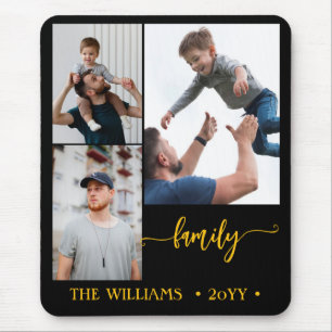 Familie 3 Foto-Collage schwarzes Goldschrift-Magne Mousepad