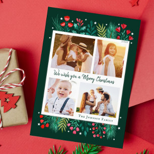 Familie 4 Foto Collage Wasserfarbfolien Feiertagskarte