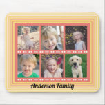 Familie 6 Foto Collage Coral und Yellow Mouse Pad Mousepad<br><div class="desc">Dieses Foto Collage Design ist ein Geschenk für alle Familienmitglieder. Mit den 6 Fotorahmen können Sie alle Ihre Lieblings-Fotos hinzufügen. Personalisieren Sie dieses gelbe und korallenfarbene Mauspad mit Ihrem Familiennamen.</div>