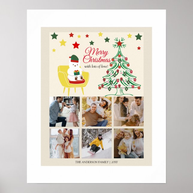 Familie 6 Foto Collage Tree Moderne frohe Weihnach Poster (Vorne)