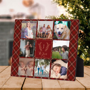 Familie 8 Foto-Collage Monogramm Name rot kariert Fotoplatte