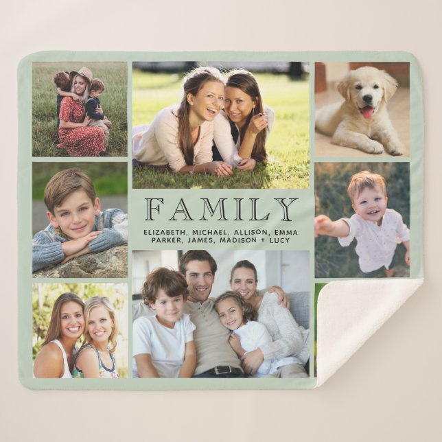 Familie 8 Foto Collage Sage Green Sherpadecke (Vorderseite (Horizontal))