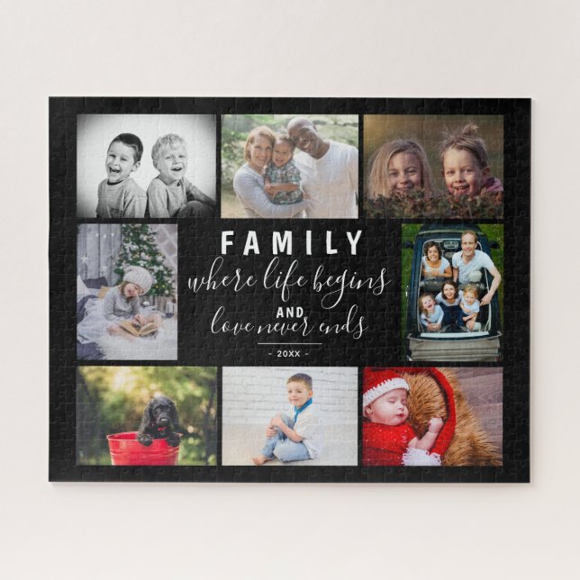 Familie 8 Foto Collage Sprichwort Script Schwarz (Horizontal)
