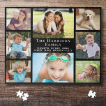 Familie 8 FotoCollage Black<br><div class="desc">Ein lustiges schwarzes Puzzle für Familienspielabende mit einer 8-Foto-Collage von Kindern,  anderen Familienmitgliedern,  Haustieren,  etc.,  Ihrem Familiennamen in eleganter weißer Schrift und allen Vornamen in moderner weißer Typografie.</div>