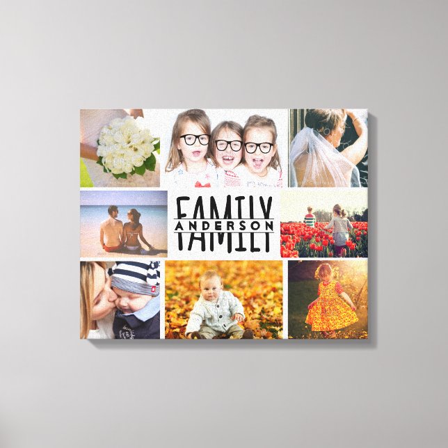 Familie 8 FotoCollage Template plus Name V1 hinzuf Leinwanddruck (Vorderseite)