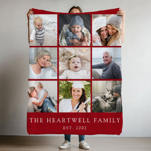 Familie 9 FotoCollage Personalisiert Cranberry Red Fleecedecke
