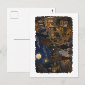 Familie beim Trick-or-Treat in der Halloween-Nacht Postkarte