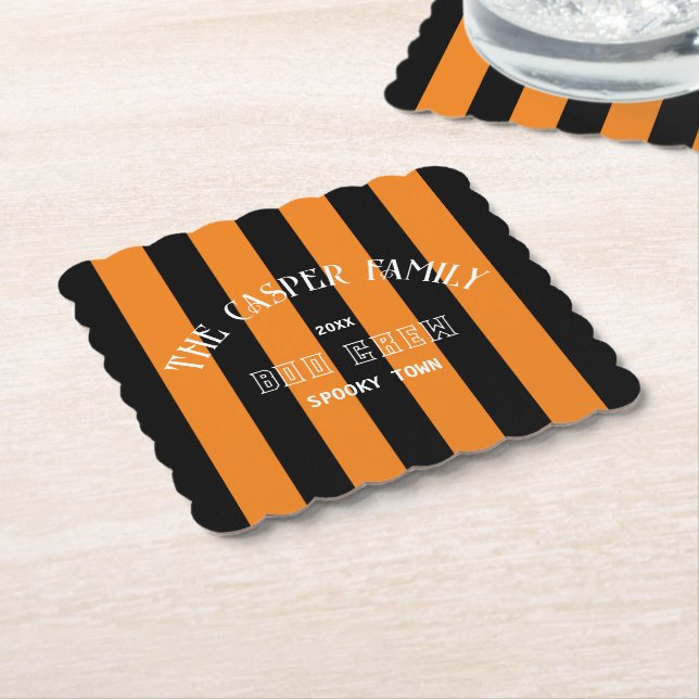 Familie Boo Crew Black Orange Stripe Halloween Untersetzer (angewinkelt)