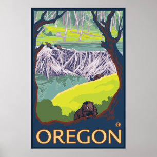 Familie der Biber, die einen Damm machen - Oregon Poster