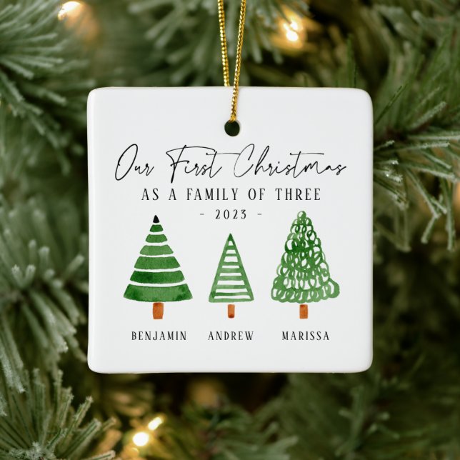 Familie der drei ersten Weihnachten Keramikornament (Baum)