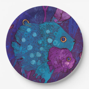 Familie der Fische, Unterwasser, Blau und Lila Pappteller