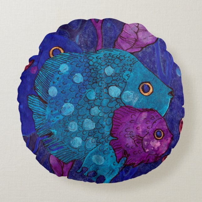 Familie der Fische, Unterwasser, Blau und Lila Rundes Kissen (Vorderseite)